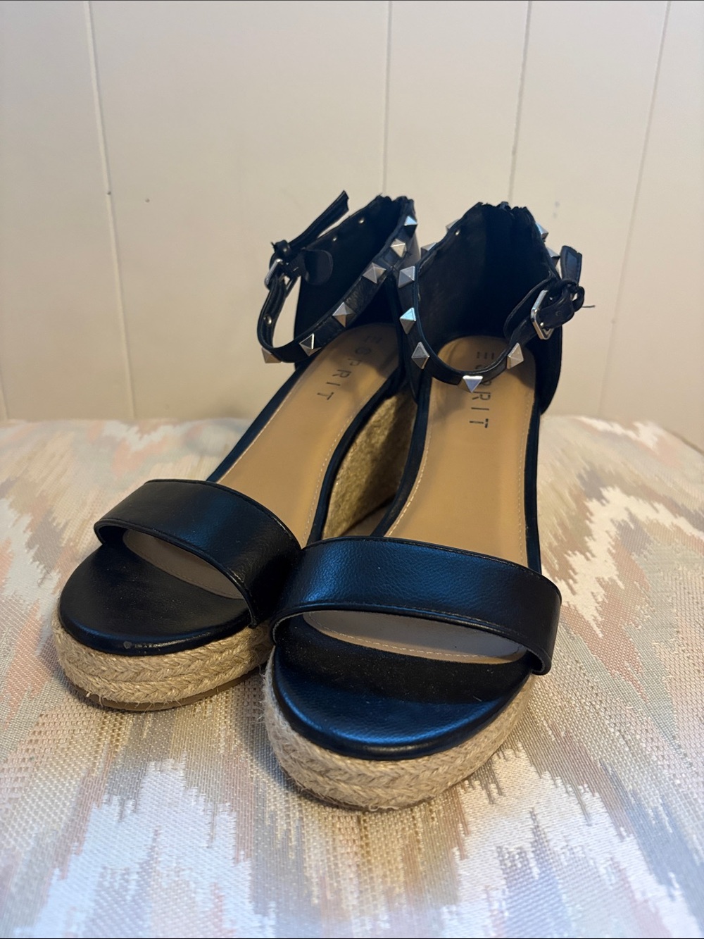 Esprit Black Espadrille Wedge Sandals with Studded Ankle Strap